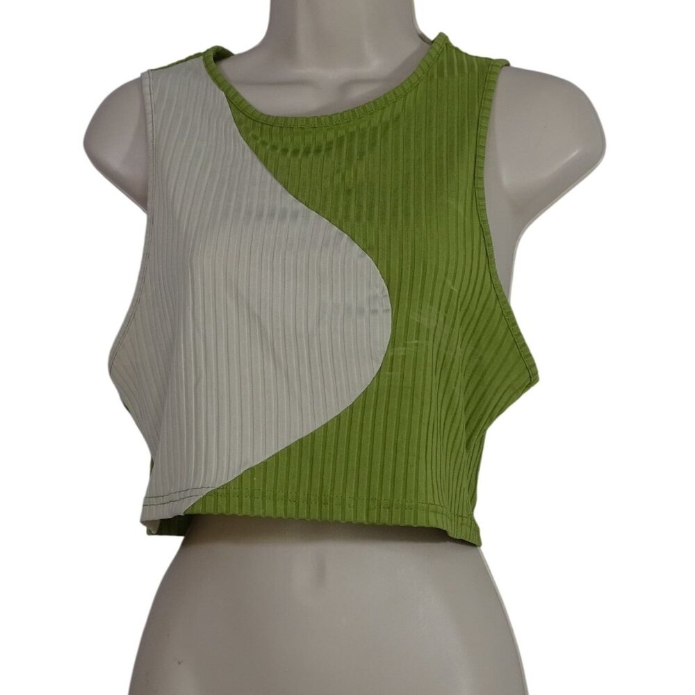 Shein Curve 2-Tone Green Cream Ribbed Crop Tank Top Women Size 0XL 12 Sleeveless